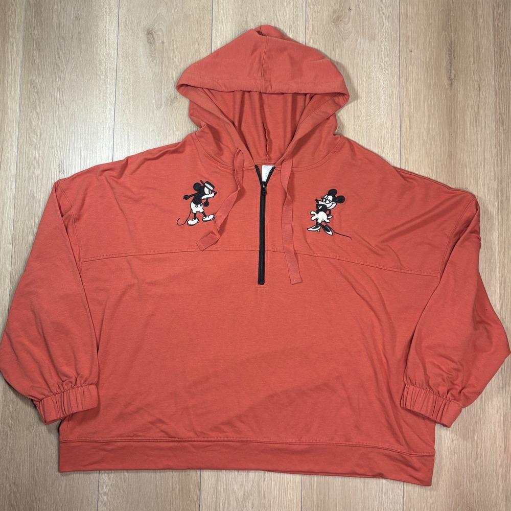 Disney Parks Mickey Minnie Mouse Retro Cropped Quarter Zip Hoodie Orange 2X 1/4
